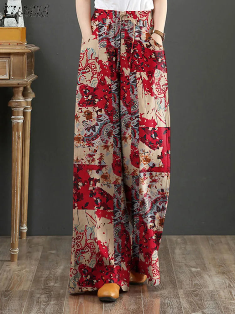 Bohemian Vintage Long Pants ZANZEA Women Wide Leg Trousers Summer High Waist Printed Pantalon Female Elegant Work Palazzo Capris