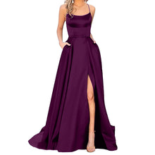 Load image into Gallery viewer, Sexy Backless Long Evening Prom Dress Purple Side Slipt Maxi Dress Women A Line Spaghetti Straps Satin Prom Gowns Formal Vestido