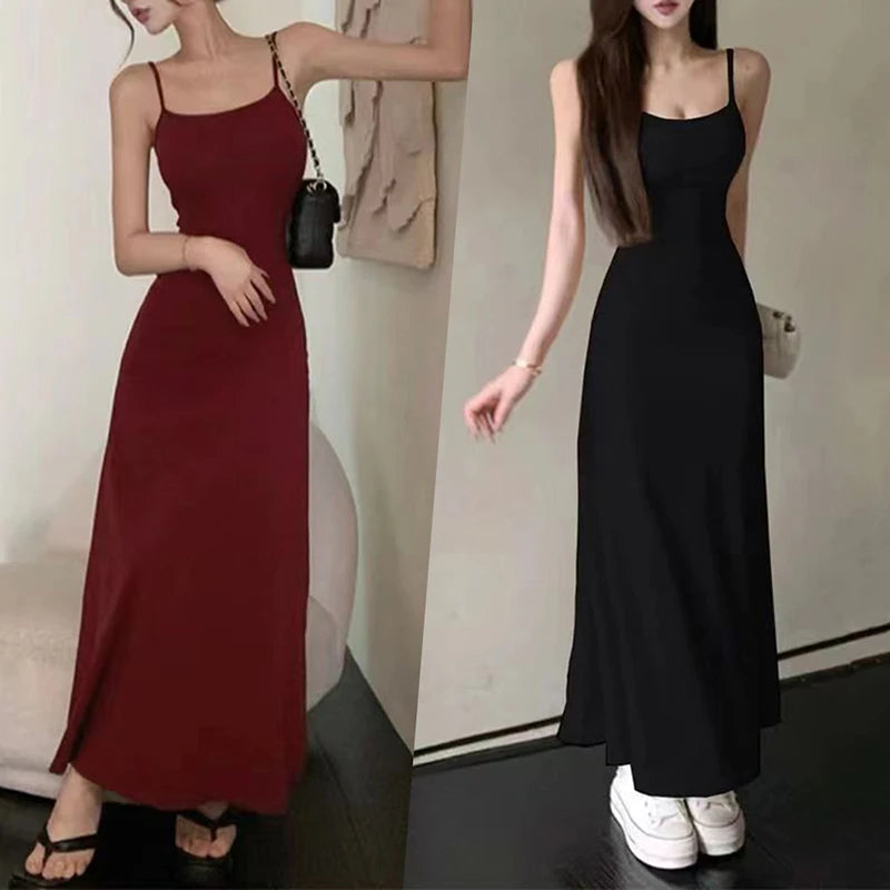 Spaghetti Strap Dresses Women Retro Sexy Slim Simple Daily Streetwear Ulzzang Midi Trendy Pure Vestidos Summer Ladies Sleeveless