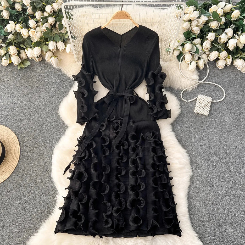 Summer Holiday 3D Ruffled Edge Draped Pleated Dress Women's V Neck Solid Color Oversized High Sretch Lace Up Party Vestidos