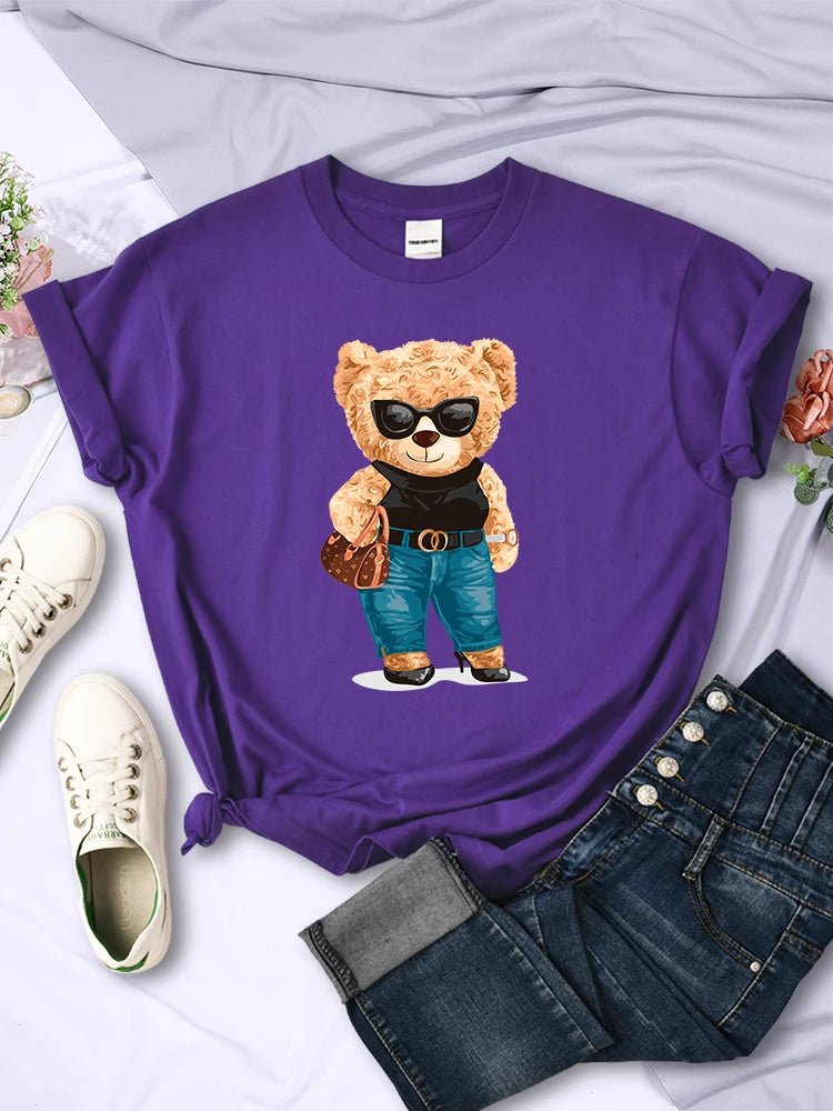 Fashion Teddy Bear Rich Woman T-Shirt Street Hip Hop Short Sleeves Personality Hip Hop T Shirt O-Neck Breathable Summer Tees