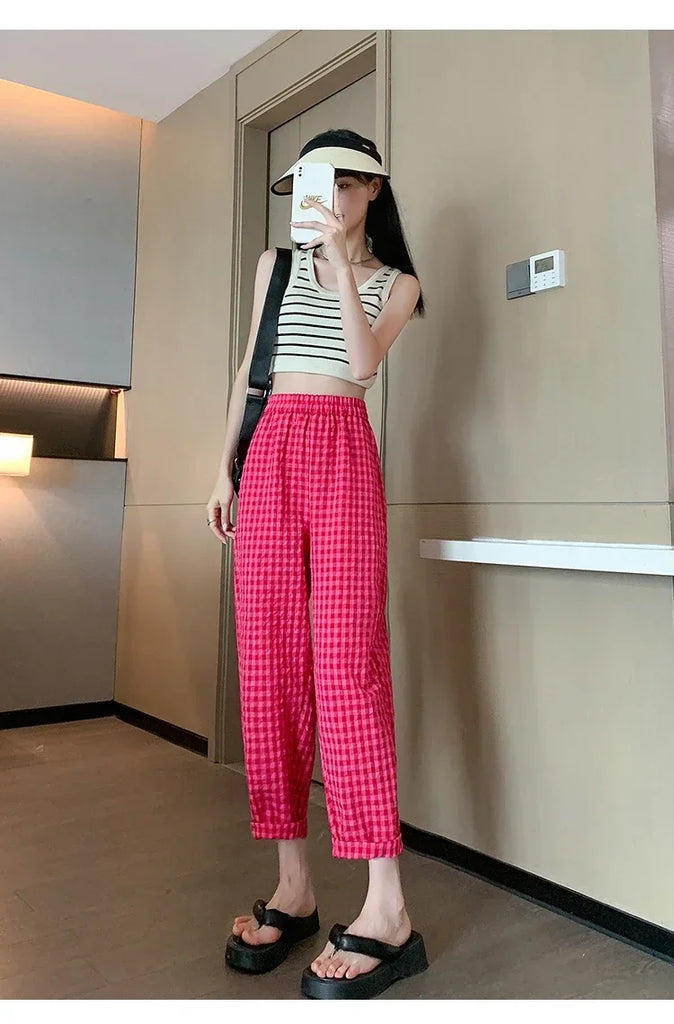 New Women's Checkered Cotton Hemp High Waist Casual Haren Pants Summer Korean Fashion Loose Women Seven Split Wide Leg Pants