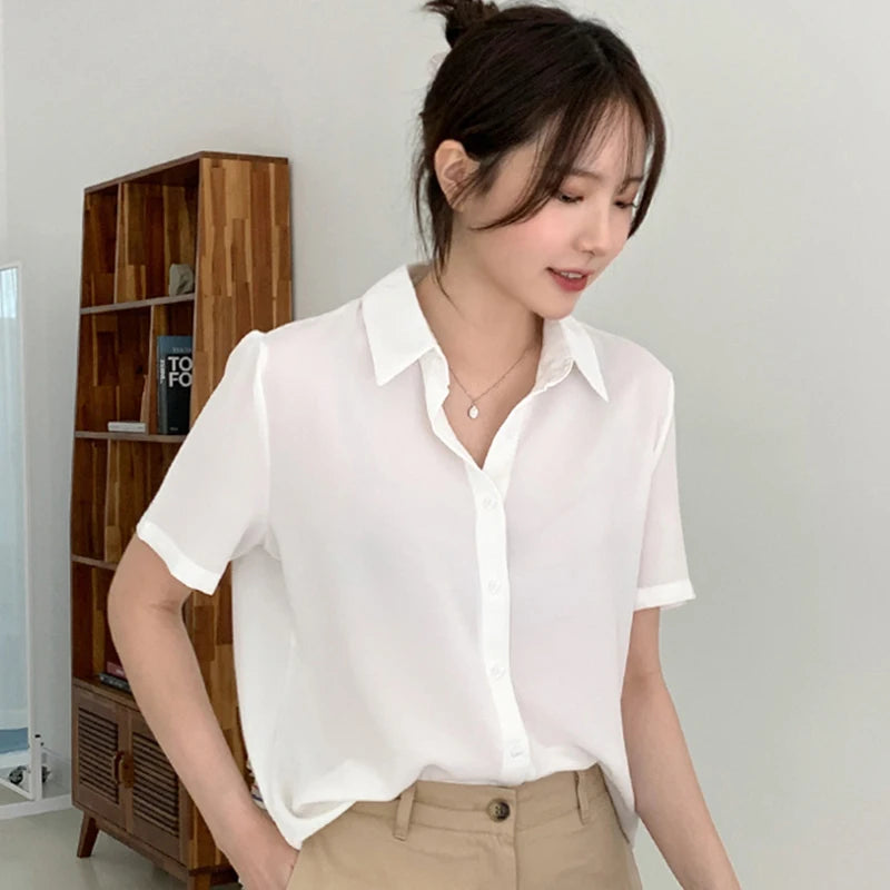 New Women'S Summer Lapel Short Sleeved Slimming Casual Versatile Shirt Female Comfortable Thin Fashionable Professional Top