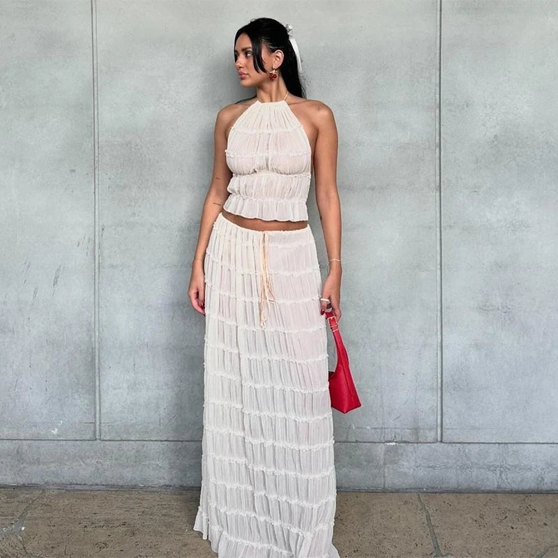 Fashion Solid Hang Neck Long Skirt Suit Women Backless Sling Top Lace Up Fold Maxi Skirts 2024 Spring Summer Female 2 Piece Set