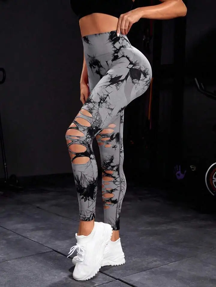 New Sexy Hollow Out Tie Dye Leggings Women Seamless Leggings High Waist Hip Liftting Stretchy Sports Fitness Running Yoga Tights