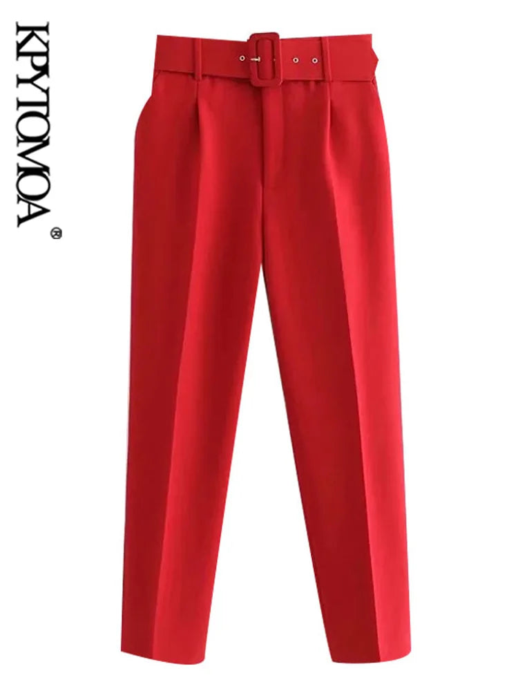 KPYTOMOA Women Fashion With Belt Side Pockets Office Wear Pants Vintage High Waist Zipper Fly Female Ankle Trousers Mujer