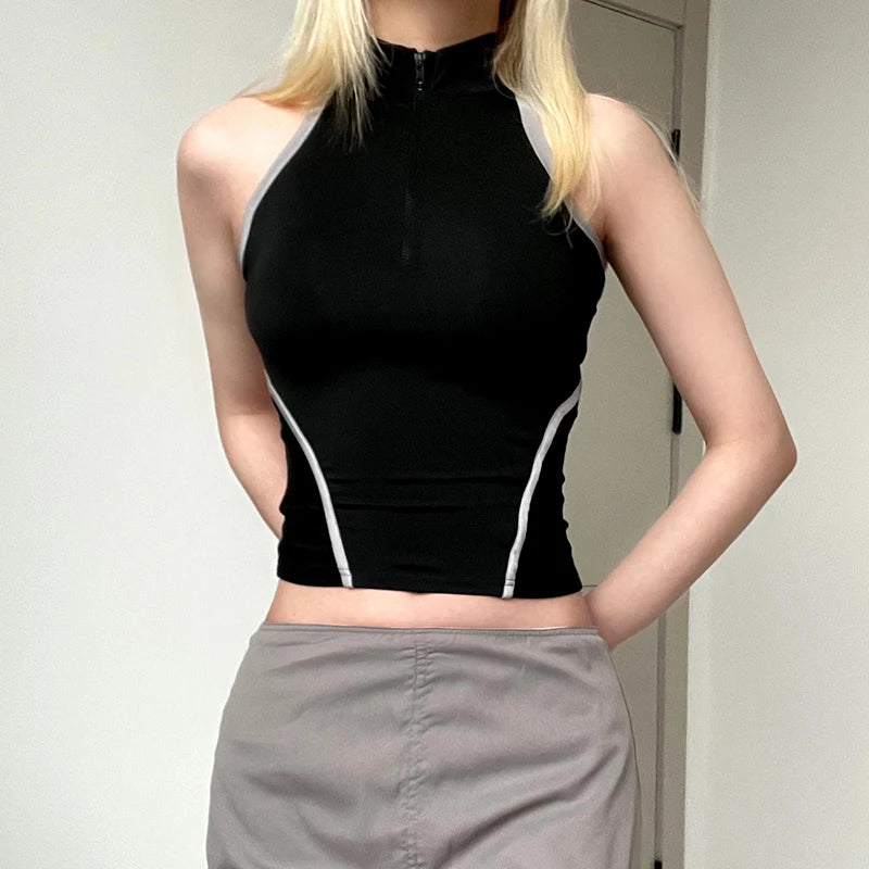 CIBBAR Sexy Backless Hollow Out Crop Top Zip Up Turtleneck Sleeveless Patchwork Tank Tops Women Korean Fashion Hip Hop Vest Chic