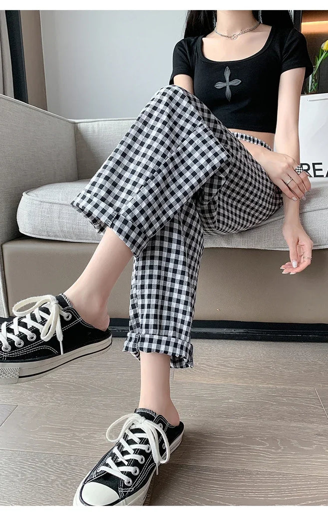 New Women's Checkered Cotton Hemp High Waist Casual Haren Pants Summer Korean Fashion Loose Women Seven Split Wide Leg Pants