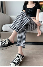 Load image into Gallery viewer, New Women&#39;s Checkered Cotton Hemp High Waist Casual Haren Pants Summer Korean Fashion Loose Women Seven Split Wide Leg Pants