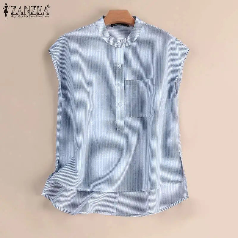 ZANZEA Women O Neck Short Sleeve Blouse Striped Printed Shirt Button Bohemian Casual Summer Tops Loose Work Blusas Femme Chemise