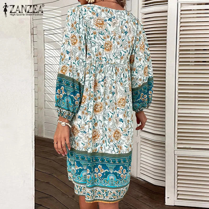 ZANZEA V-Neck Short Sleeve Floral Printed Sundress Women Summer Bohemian Dress Vintage Loose Elegant Casual Holiday Beach Robe