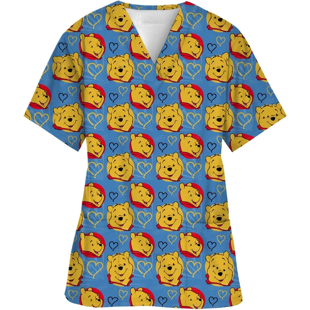 Summer  Disney Winnie the Pooh Medical Nurse Uniform Jogger Hospital Uniforms Scrubs New Spa Uniforms Women V-neck Fashion Top