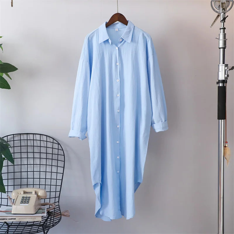 Syiwidii White Shirts Dress for Women Oversized Casual Cotton Loose Dresses Long Sleeve Button Up Blue Midi Long Blouses Dress