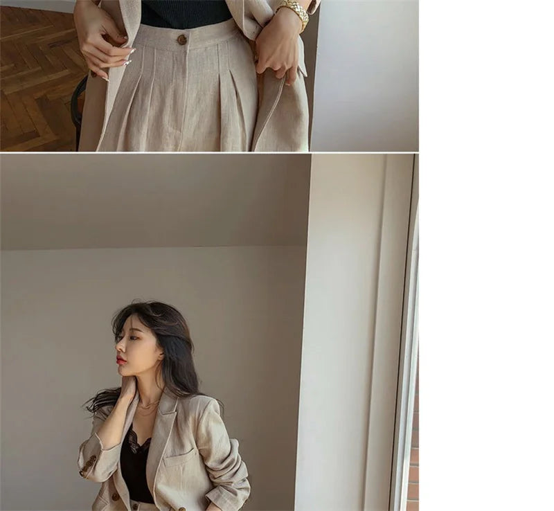 Flax Suit Women's Spring Summer 2023 New Casual Thin Cotton  Linen Small Blazers+shorts Two-piece Sets Comfortable Khaki Suits