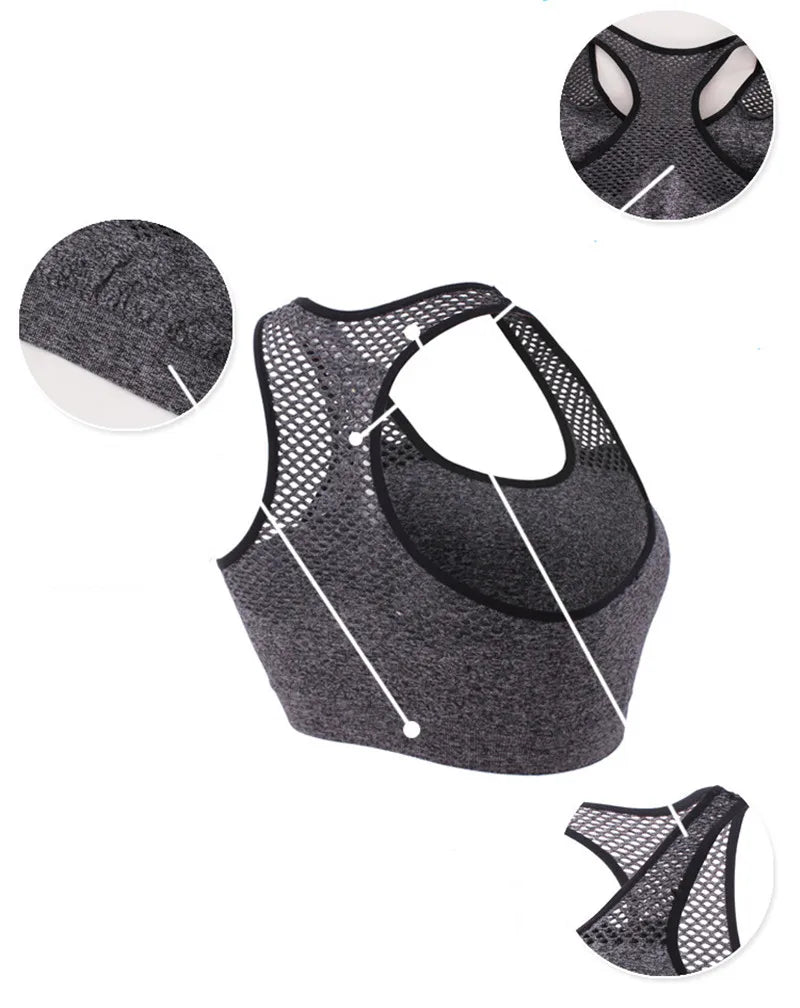 Mesh Sports Bra Hollow Out Sport Top Seamless Fitness Yoga Bras Women Gym Top Padded Running Vest Shockproof Push Up Crop Top