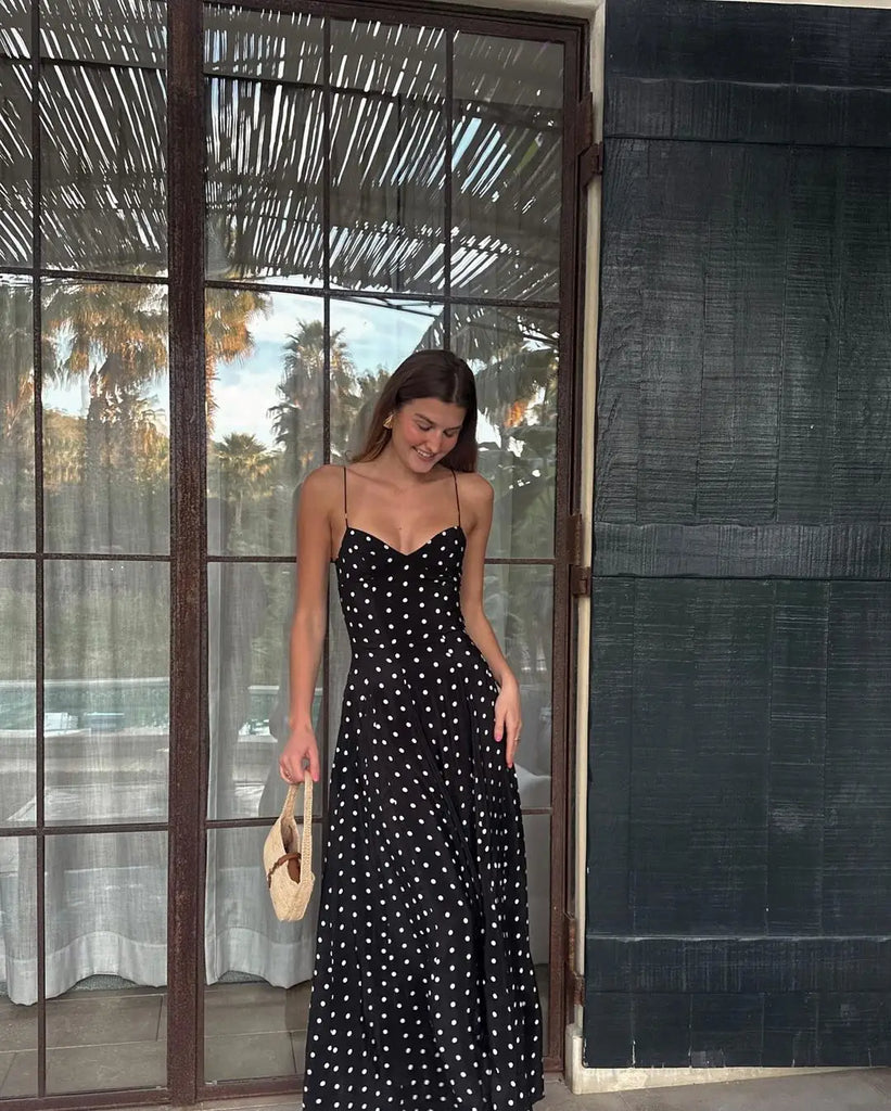 Sexy Black Spotted Backless A-line Sling Long Dresses Elegant Sleeveless High Waist Slim Dress Summer Lady Vacation Party Robes