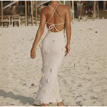 Load image into Gallery viewer, Elegant 3d Flower Knitted Dresses For Women V-neck Backless Sleeveless Lace Up Female Maxi Dress 2024 Summer Lady Beach Robe New