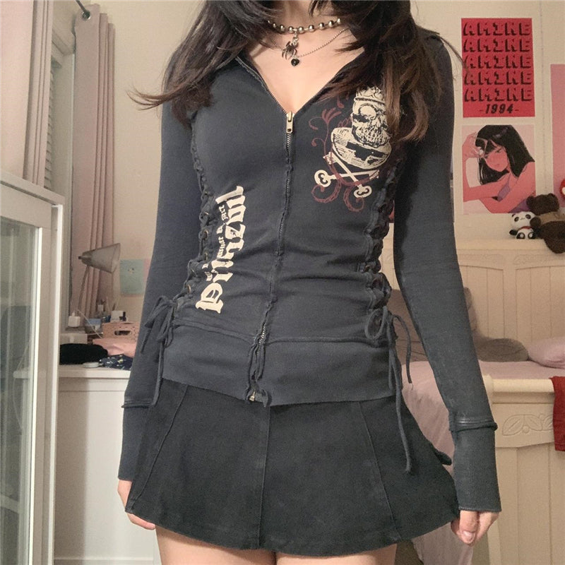 Lamuusaa y2k Grunge Sweatshirt 2000s Women Punk Gothic Clothes Zip Up Long Sleeve Tops E Girl Hoodie Dark Academia Clothing