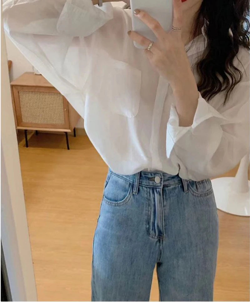 White Shirt Women Fashion Simple Preppy Style Summer Thin Top Casual All Match Korean Loose Long Sleeve Sunscreen Blouse New