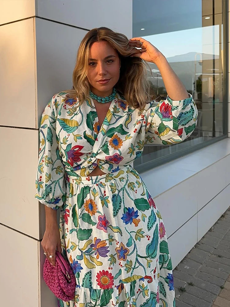 Flower Printed Hollow Out Women's Maxi Dresses Elegant V Neck Long Sleeves Lady Dress 2024 New Summer Vacation Beach Party Robes