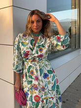 Load image into Gallery viewer, Flower Printed Hollow Out Women&#39;s Maxi Dresses Elegant V Neck Long Sleeves Lady Dress 2024 New Summer Vacation Beach Party Robes