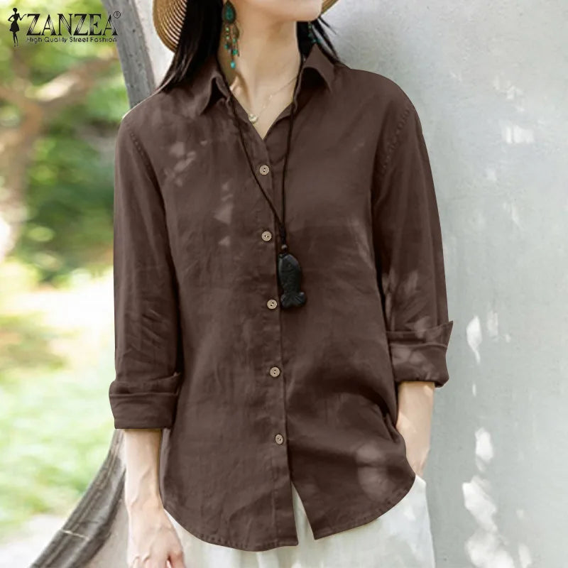 ZANZEA Female Fashion Shirt Lapel Neck Long Sleeve Solid Color Blouse Women Summer Casual Pure Cotton Blusas Work Chemise 2023