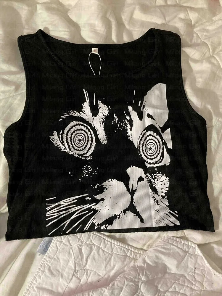 E-girl Gothic Grunge Crop Tops Vintage Women Kawaii Cat Graphics Black Tops Retro lovely kitten Mini Vest Punk Style Emo Clothes