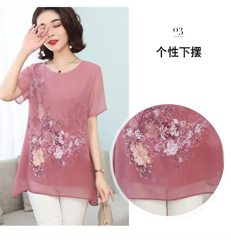 Summer Floral Printed Chiffon Shirt Short Sleeve Female Clothing Loose Stylish Asymmetrical Commute O-Neck Spliced Midi Blouse