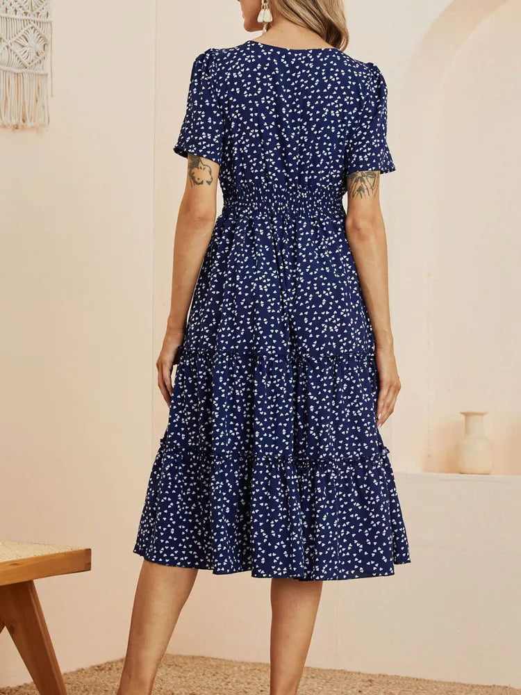 Fashion Square Collar Bubble Sleeve Floral Dress Women Medium Long Spring Summer Dress