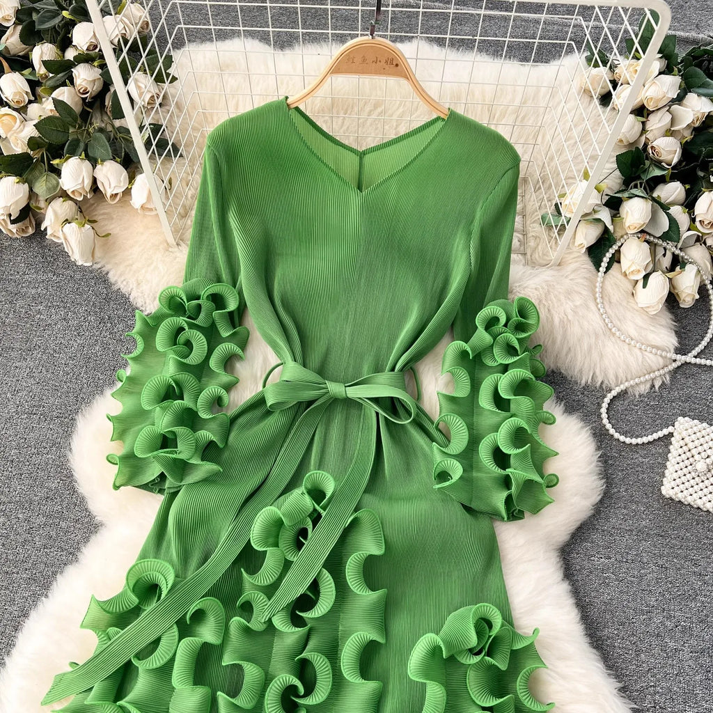 Summer Holiday 3D Ruffled Edge Draped Pleated Dress Women's V Neck Solid Color Oversized High Sretch Lace Up Party Vestidos