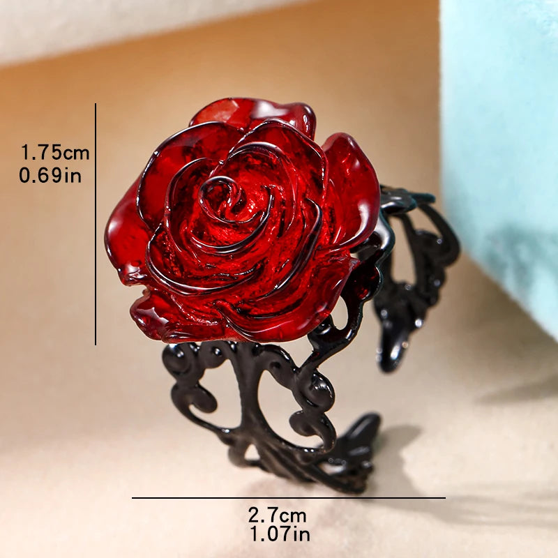 Punk Gothic Red Rose Ring Adjustable Hollow Rings for Women Witch Pagan Vintage Creative Halloween Cool Girl Gift Party Jewelry