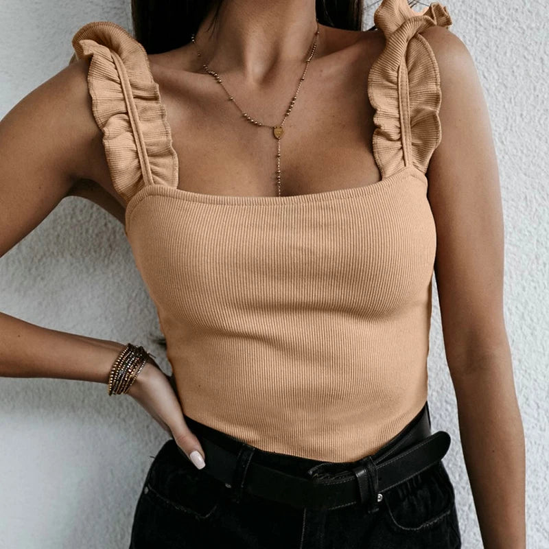 Tank Tops Women Square Collar Solid Knit Casual Basic Summer Ribbed Slim Ruffles