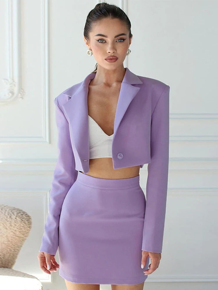 Blazer Suits 2 Pieces Outfit Women Long Sleeve Crop Coat + High Waist Mini Skirt Autumn Clothes Streetwear Y2k Two Piece Sets