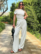 Load image into Gallery viewer, TRAFZA Women Summer Fashion Suit Solid Skew Collar Sleeveless Tops+Mid Waist Elastic Waist Wide Leg Pants Female Chic Set Traf