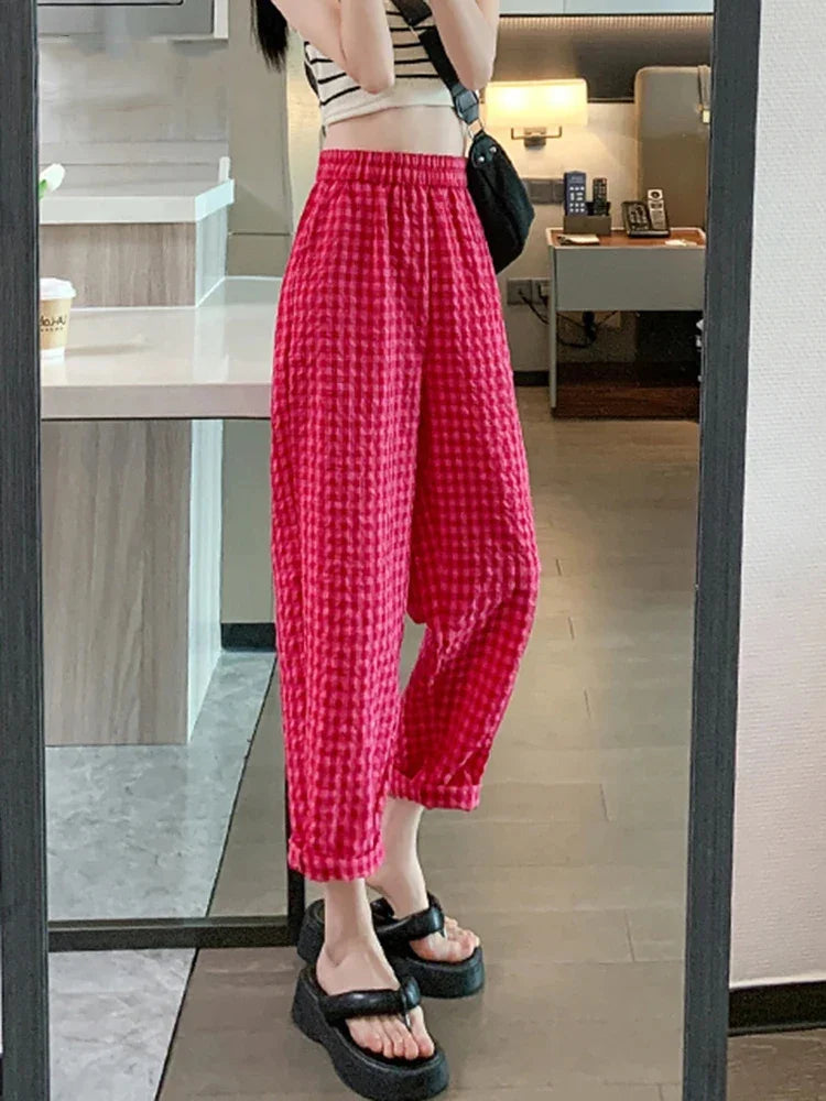 New Women's Checkered Cotton Hemp High Waist Casual Haren Pants Summer Korean Fashion Loose Women Seven Split Wide Leg Pants