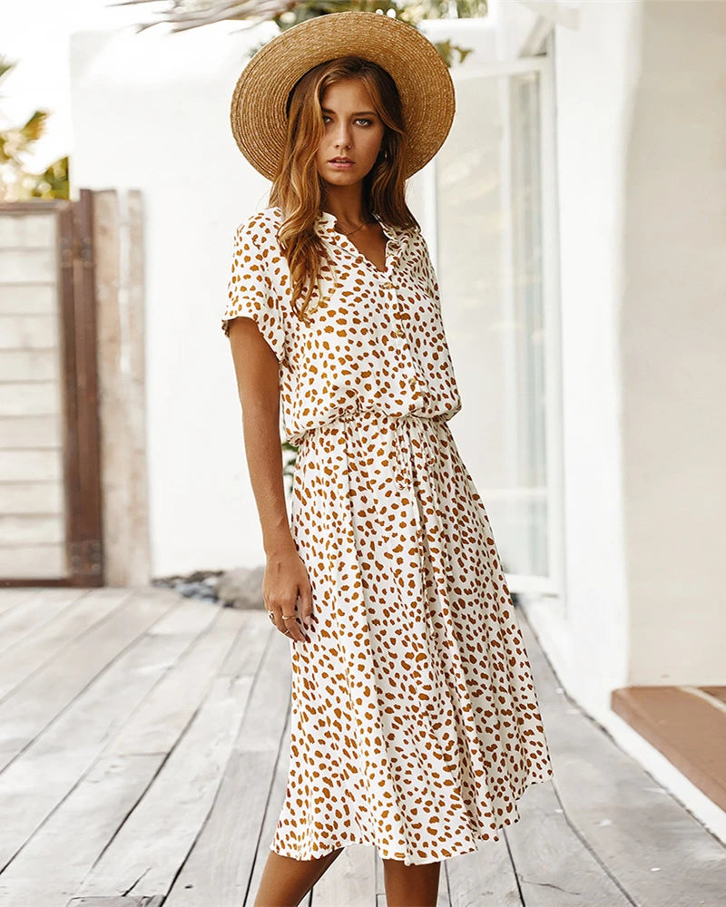 Ladies Polka Dot Print Shirt Dress Women Casual Midi Holiday Summer Dress Female Loose Women Beach Dress Sundress Robe Vestidos