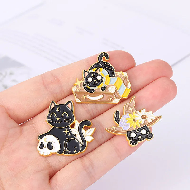 Cat Brooch Skull Cat Brooch Halloween Wizard Hat Couple Cat Sun Moon Cat Brooch Black White Cat Alloy Enamel Badge Lapel Pins