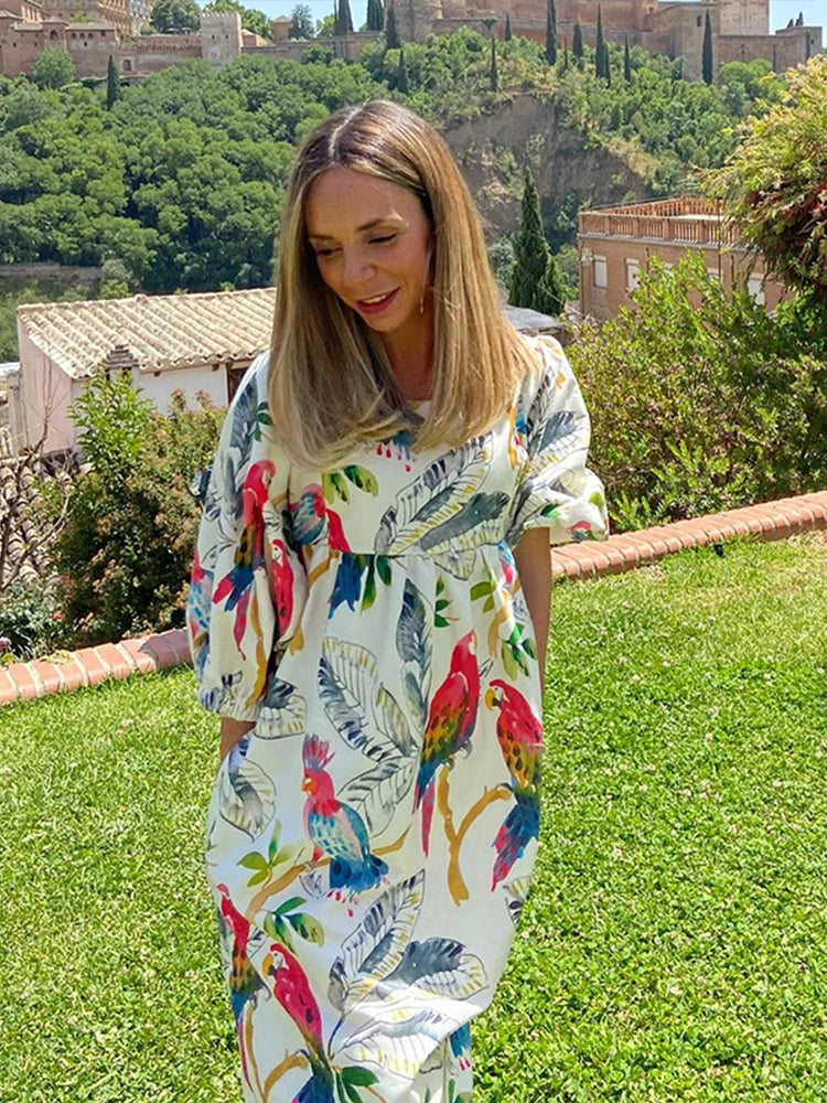 Vintage Print Patchwork Long Dresses Women Fashion Lantern Shorts Sleeves Loose Maxi Dress 2024 Lady Casual Vacation Streetwear