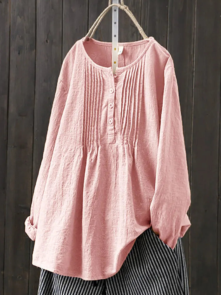 2024 Korean Style Temperament Blouse for Women Fashion O-neck Pleated Long-sleeved Casual Shirts Females Loose Cotton Linen Tops