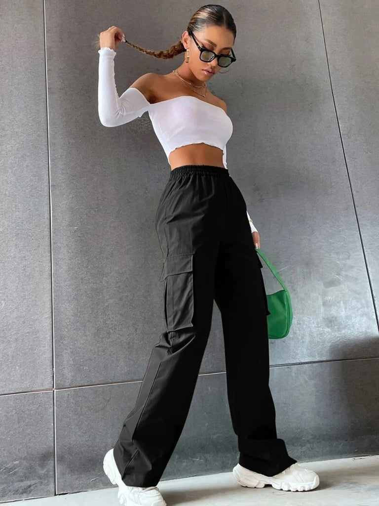 Women's Wide Leg Cargo Pants with Solid Flap Pockets and Loose Fit