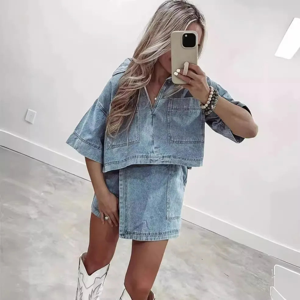 2024 Summer Women Blue Denim Skirt Suit Loose 2 Piece Set Short Sleeve with Pocket Shirt and Irregular Skirt Female Street Out