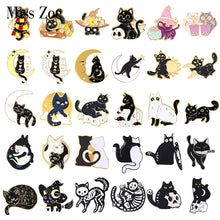 Load image into Gallery viewer, Cat Brooch Skull Cat Brooch Halloween Wizard Hat Couple Cat Sun Moon Cat Brooch Black White Cat Alloy Enamel Badge Lapel Pins