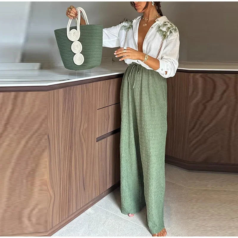 Casual Green Print Shirts Set Women Loose Single Breasted Blouses Pleated Drawstring Wide Leg Pants 2024 Summer Lady Outfit