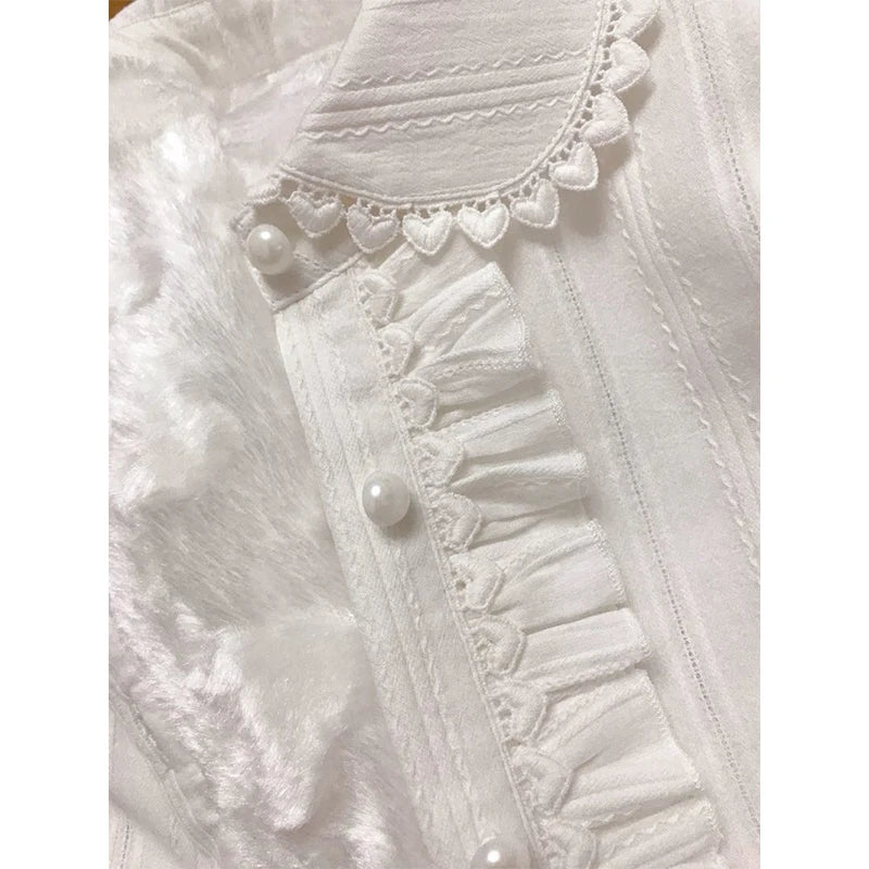 Japanese Preppy White Shirts Women Vintage Victorian Elegant Lace Ruffles Blouses Sweet Lolita Long Sleeve Slim Crop Tops New