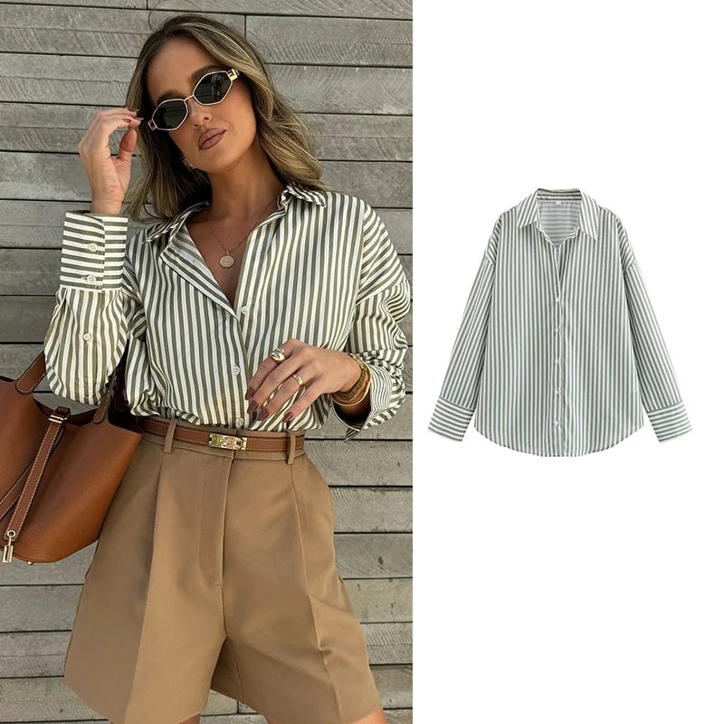 TRAF Shirts Summer Women's Tops 2024 New Chic Striped Loose Blouses Street Elegant Women's Joker Youth Shirt Tops