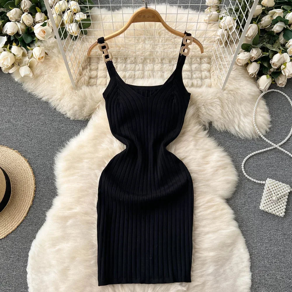 Knitted Summer Women Solid Dress 2024 Slim V Neck Elegant Sexy Vacation Fashion Ladies A Line Midi Dresses