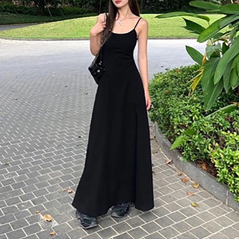 Spaghetti Strap Dresses Women Retro Sexy Slim Simple Daily Streetwear Ulzzang Midi Trendy Pure Vestidos Summer Ladies Sleeveless