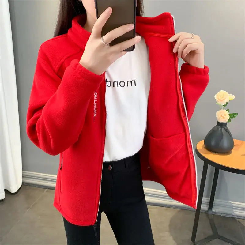 Winter Women Sweatshirt Coat Casual Loose Zip Up Cardigan Long Sleeve Sweatershirt Reversible Polar Fleece Stand Collar Coat