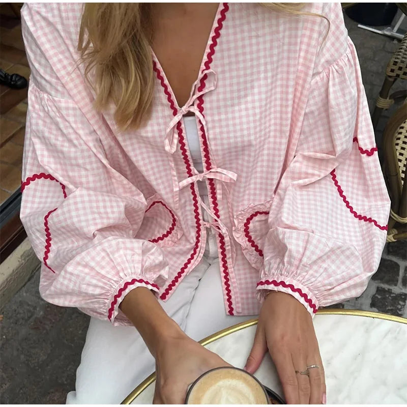 Elegant Plaid Bow Lace Print Women Shirt Fashion Casual Long Lantern Sleeve V Neck Tops 2024 Spring Summer Female Love Outwear