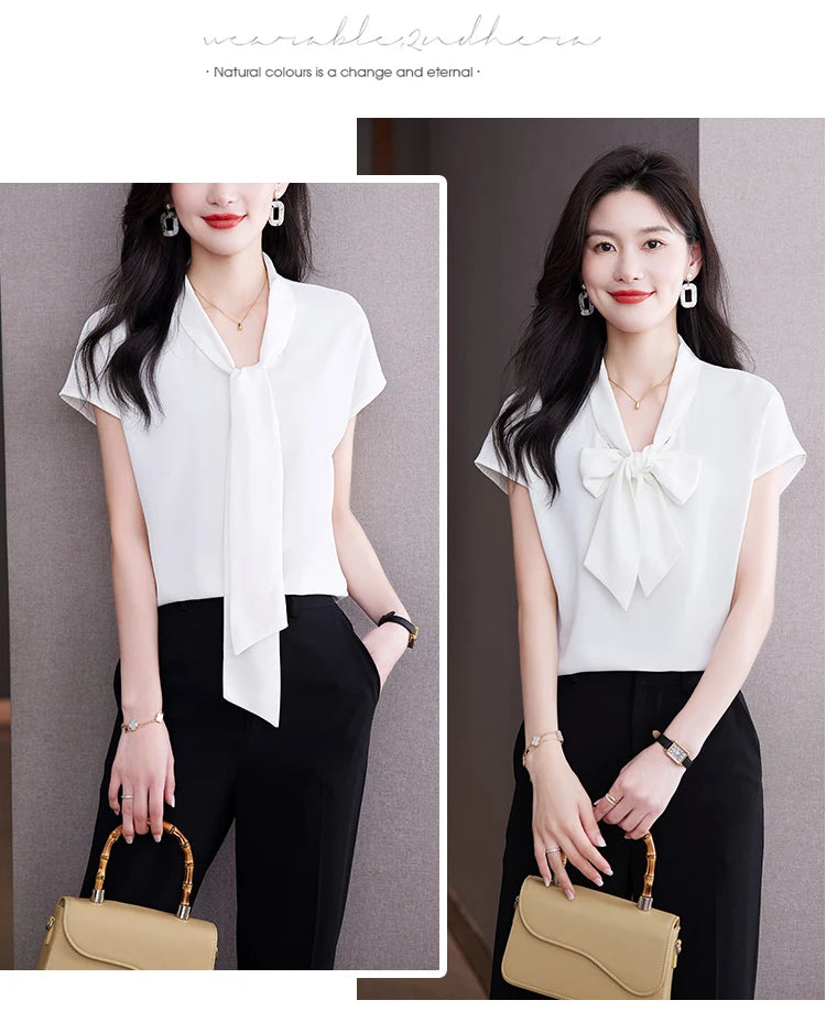 Bow Tie Blouse Shirt for Women OL Elegant Blouses Satin Womens Tops Silk Female Clothing 2023 Korean Fashion Short Sleeve Blouse